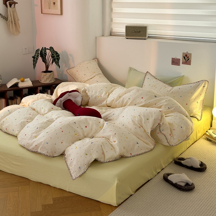 91家纺网 家纺一手货源 找家纺 洋铭区（原狠狠爱） 2024新款全棉双层纱四件套 奶油星辰