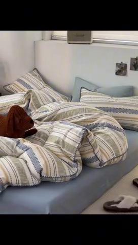 91家纺网 家纺一手货源 找家纺 洋铭区（原狠狠爱） 2024新款全棉双层纱四件套 时光蓝条