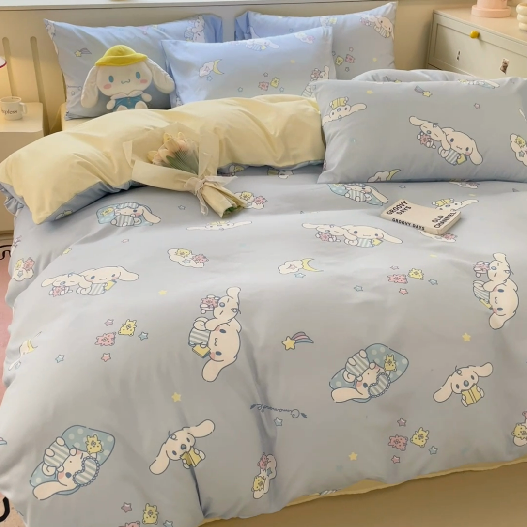 91家纺网 家纺一手货源 找家纺 海岛哥哥 2025新款A类云朵水洗棉三丽鸥正版授权四件套-大床图 三丽鸥-云朵玉桂狗