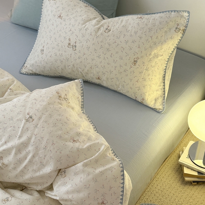 91家纺网 家纺一手货源 找家纺 洋铭区（原狠狠爱） 2024新款全棉双层纱四件套 小花兔