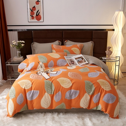 2025新款全棉精梳磨毛印花四件套 叶之舞桔