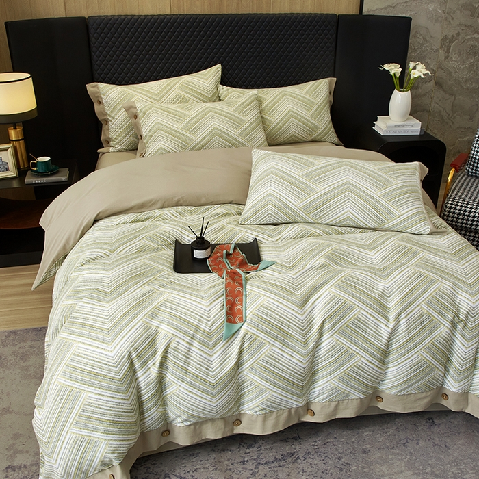 91家纺网 家纺一手货源 找家纺 沐白家居 2025新款全棉生态磨毛印花四件套-纽扣工艺款 艾文-绿