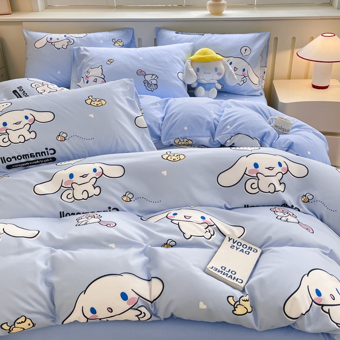 91家纺网 家纺一手货源 找家纺 海岛哥哥 2025新款A类云朵水洗棉三丽鸥正版授权四件套-大床图 三丽鸥-牛奶玉桂狗