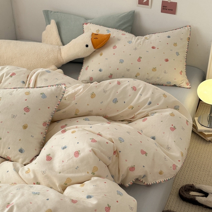 91家纺网 家纺一手货源 找家纺 洋铭区（原狠狠爱） 2024新款全棉双层纱四件套 南瓜果果