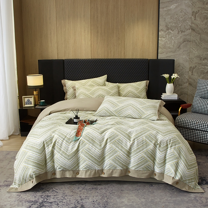 91家纺网 家纺一手货源 找家纺 沐白家居 2025新款全棉生态磨毛印花四件套-纽扣工艺款 艾文-绿