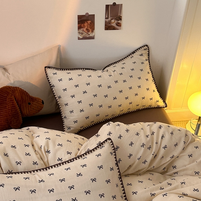 91家纺网 家纺一手货源 找家纺 洋铭区（原狠狠爱） 2024新款全棉双层纱四件套 黑色蝴蝶结