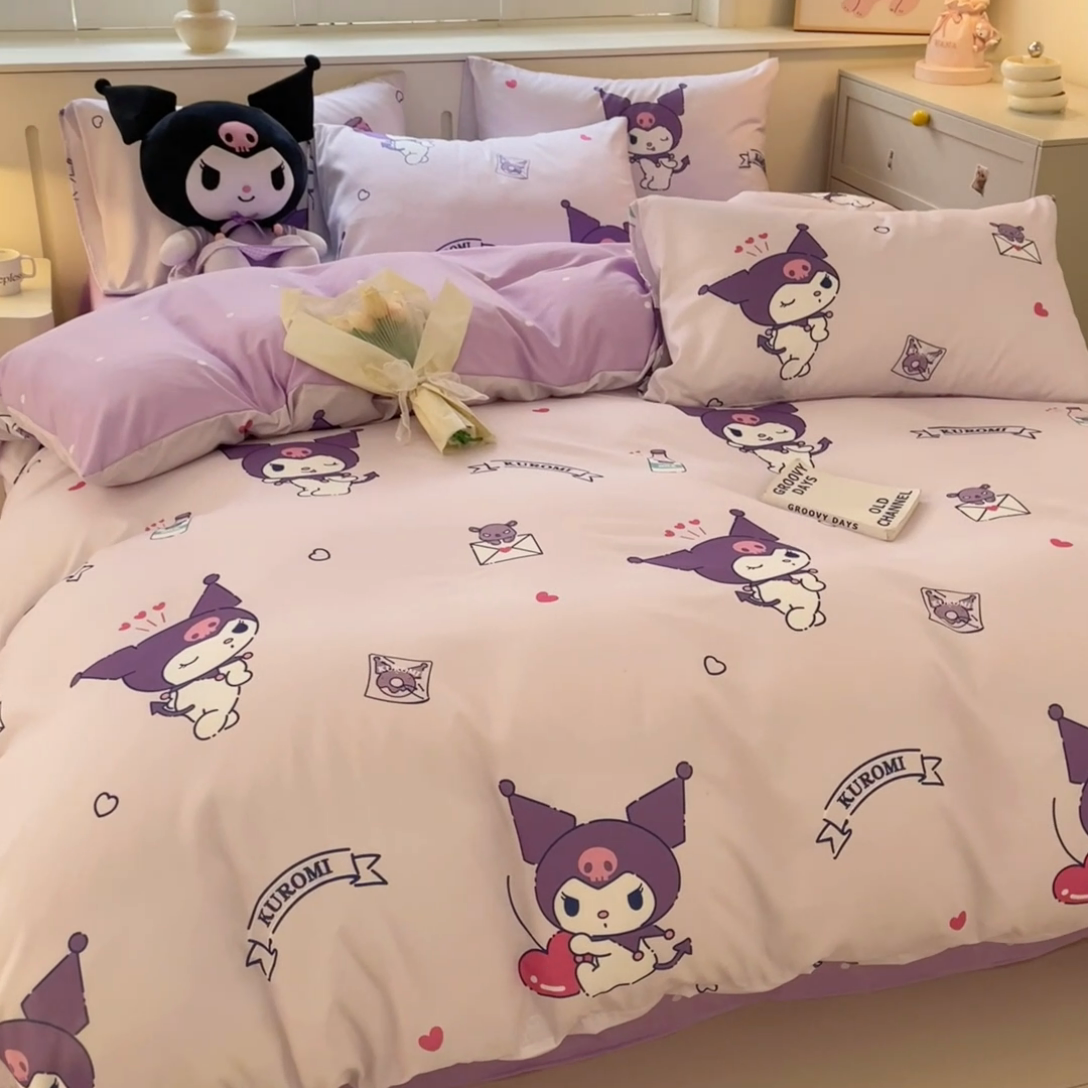 91家纺网 家纺一手货源 找家纺 海岛哥哥 2025新款A类云朵水洗棉三丽鸥正版授权四件套-大床图 三丽鸥-库洛米之心