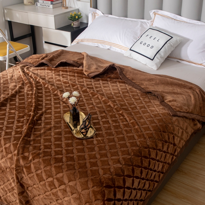 91家纺网 家纺一手货源 找家纺 2025新款铜钱纹大有光提花毛毯保暖盖毯宽包边 咖啡