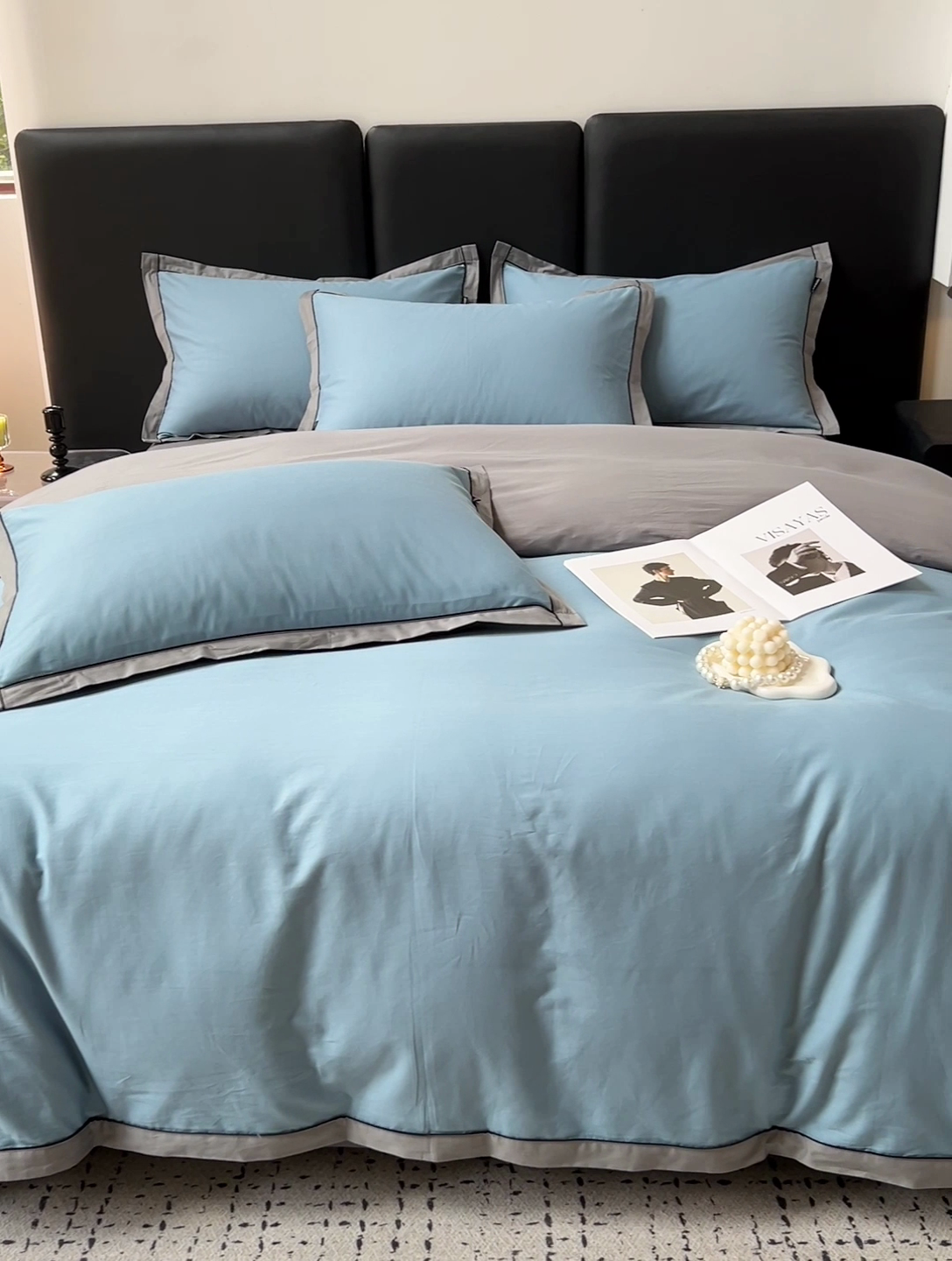 91家纺网 家纺一手货源 找家纺 小懒猪 2024新款全棉斜纹精梳棉双拼色拼角包边款四件套-风格一 拼角-莱茵兰-椰子灰