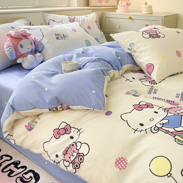 91家纺网 家纺一手货源 找家纺 海岛哥哥 2025新款A类云朵水洗棉三丽鸥正版授权四件套-大床图 三丽鸥-五彩kt猫