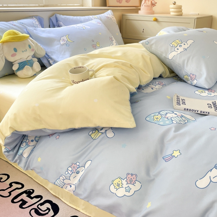 91家纺网 家纺一手货源 找家纺 海岛哥哥 2025新款A类云朵水洗棉三丽鸥正版授权四件套-大床图 三丽鸥-云朵玉桂狗