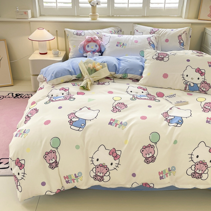 91家纺网 家纺一手货源 找家纺 海岛哥哥 2025新款A类云朵水洗棉三丽鸥正版授权四件套-大床图 三丽鸥-五彩kt猫