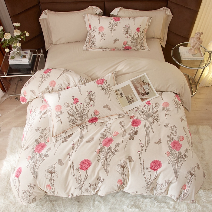 91家纺网 家纺一手货源 找家纺 2025新款全棉精梳磨毛印花四件套 娜西-粉