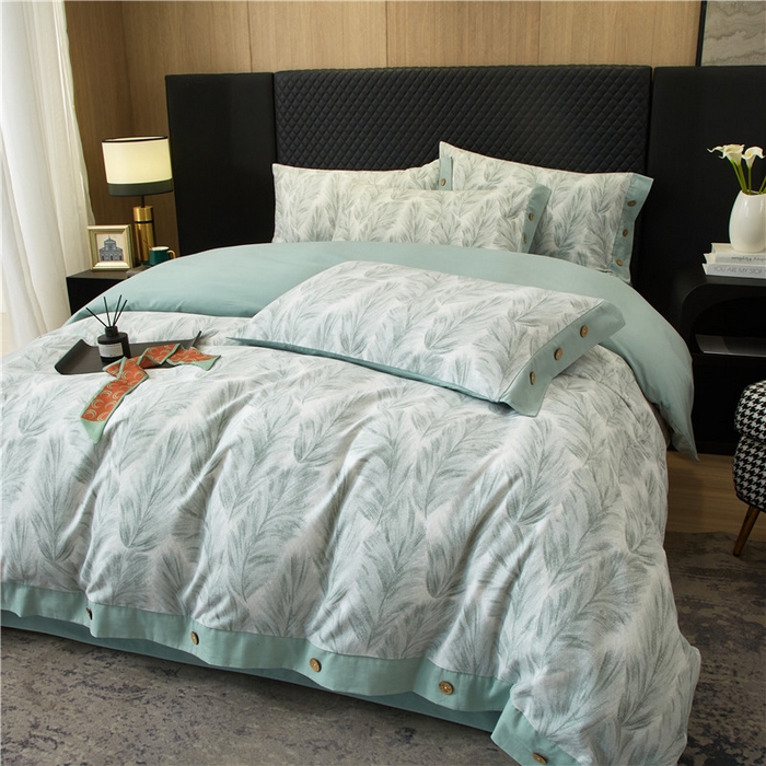 91家纺网 家纺一手货源 找家纺 沐白家居 2025新款全棉生态磨毛印花四件套-纽扣工艺款 羽裳-绿