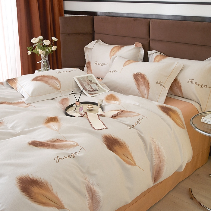 91家纺网 家纺一手货源 找家纺 2025新款全棉精梳磨毛印花四件套 凤羽-灰