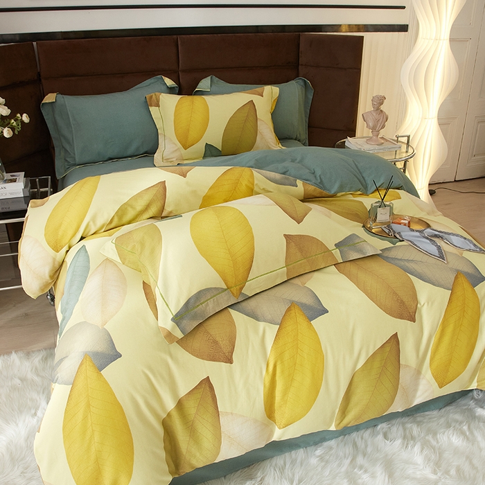 91家纺网 家纺一手货源 找家纺 2025新款全棉精梳磨毛印花四件套 枫叶流丹-黄