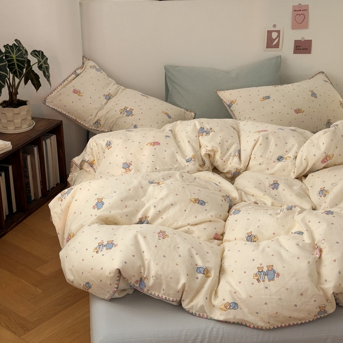 91家纺网 家纺一手货源 找家纺 洋铭区（原狠狠爱） 2024新款全棉双层纱四件套 牵手小熊