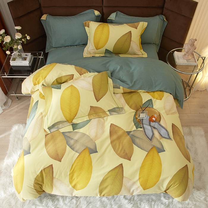 91家纺网 家纺一手货源 找家纺 2025新款全棉精梳磨毛印花四件套 枫叶流丹-黄