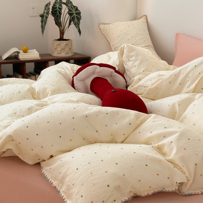 91家纺网 家纺一手货源 找家纺 洋铭区（原狠狠爱） 2024新款全棉双层纱四件套 炫彩波点