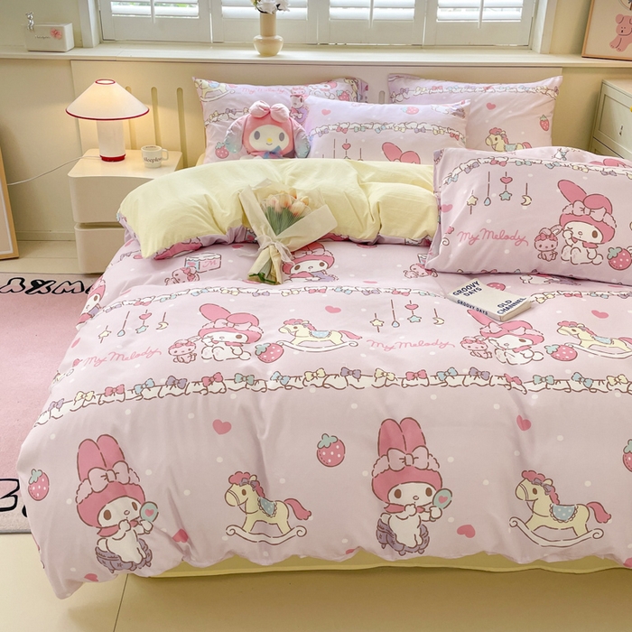 91家纺网 家纺一手货源 找家纺 海岛哥哥 2025新款A类云朵水洗棉三丽鸥正版授权四件套-大床图 三丽鸥-蝴蝶结美乐蒂