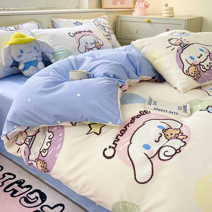 91家纺网 家纺一手货源 找家纺 海岛哥哥 2025新款A类云朵水洗棉三丽鸥正版授权四件套-大床图 三丽鸥-彩色涂鸦玉桂狗