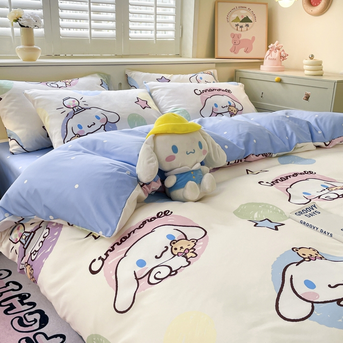 91家纺网 家纺一手货源 找家纺 海岛哥哥 2025新款A类云朵水洗棉三丽鸥正版授权四件套-大床图 三丽鸥-彩色涂鸦玉桂狗