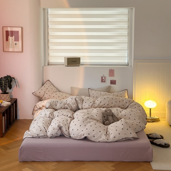 91家纺网 家纺一手货源 找家纺 洋铭区（原狠狠爱） 2024新款全棉双层纱四件套 黑桃爱心