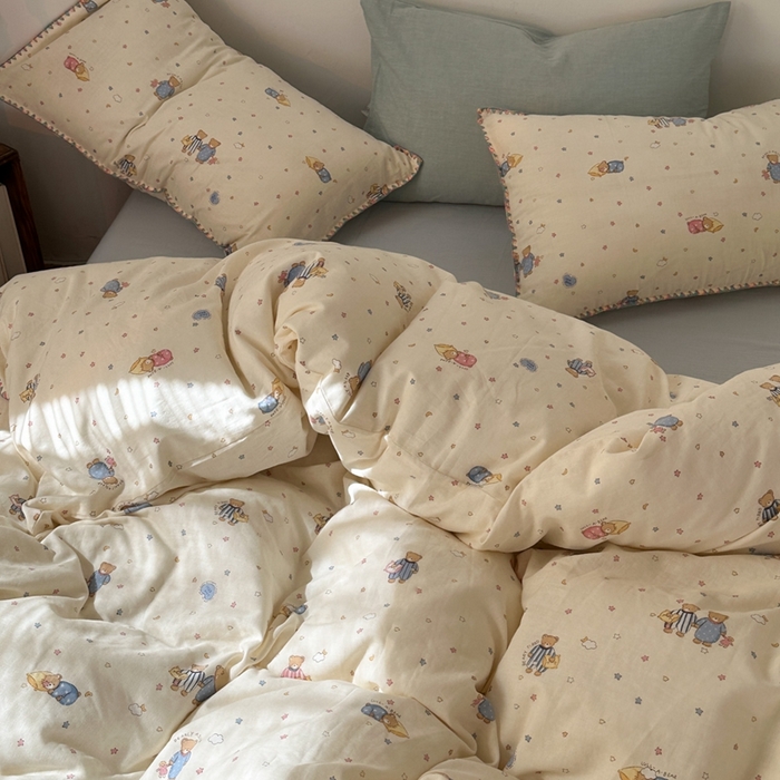 91家纺网 家纺一手货源 找家纺 洋铭区（原狠狠爱） 2024新款全棉双层纱四件套 牵手小熊