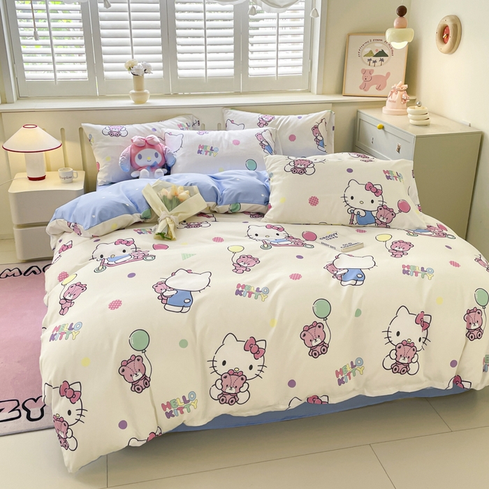 91家纺网 家纺一手货源 找家纺 海岛哥哥 2025新款A类云朵水洗棉三丽鸥正版授权四件套-大床图 三丽鸥-五彩kt猫