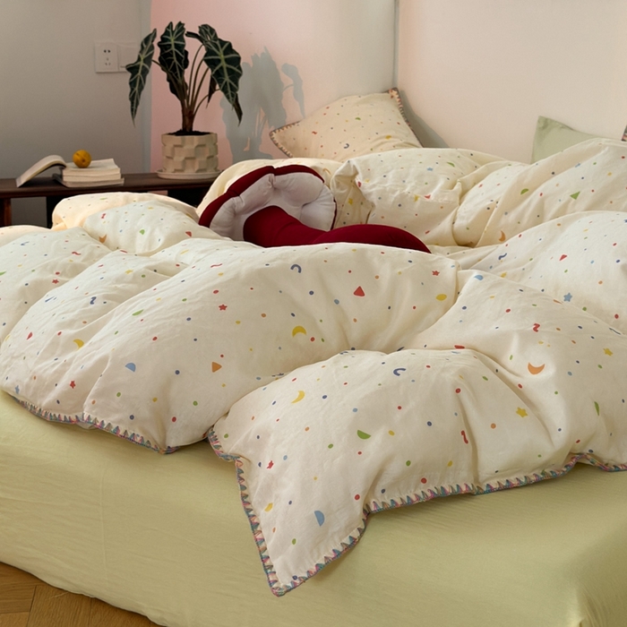 91家纺网 家纺一手货源 找家纺 洋铭区（原狠狠爱） 2024新款全棉双层纱四件套 奶油星辰