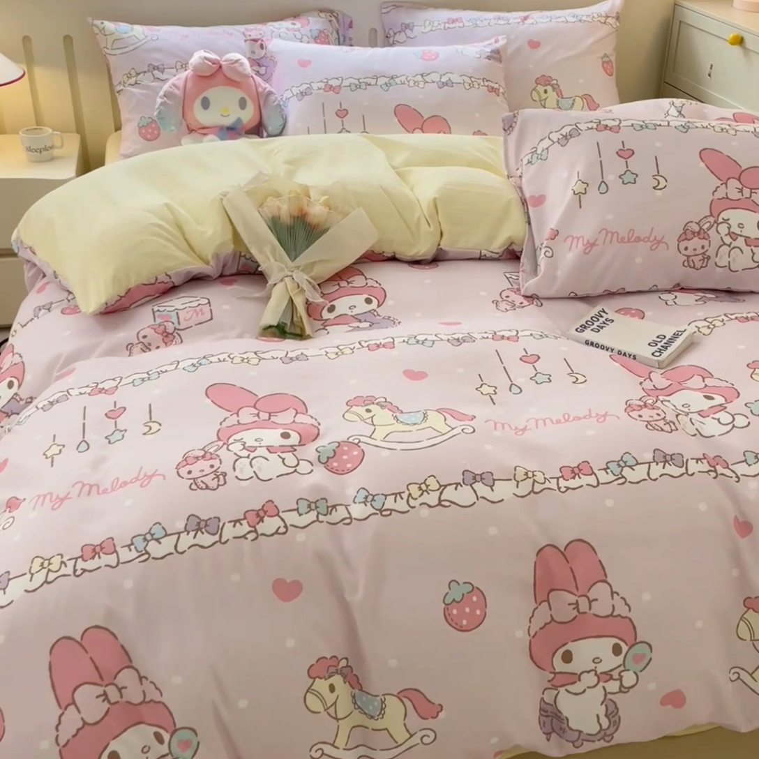 91家纺网 家纺一手货源 找家纺 海岛哥哥 2025新款A类云朵水洗棉三丽鸥正版授权四件套-大床图 三丽鸥-蝴蝶结美乐蒂