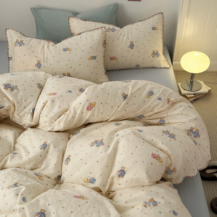 91家纺网 家纺一手货源 找家纺 洋铭区（原狠狠爱） 2024新款全棉双层纱四件套 牵手小熊