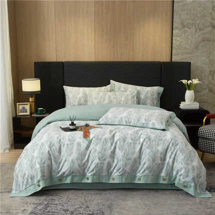 沐白家居 2025新款全棉生态磨毛印花四件套-纽扣工艺款 羽裳-绿