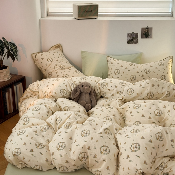 91家纺网 家纺一手货源 找家纺 洋铭区（原狠狠爱） 2024新款全棉双层纱四件套 多多兔