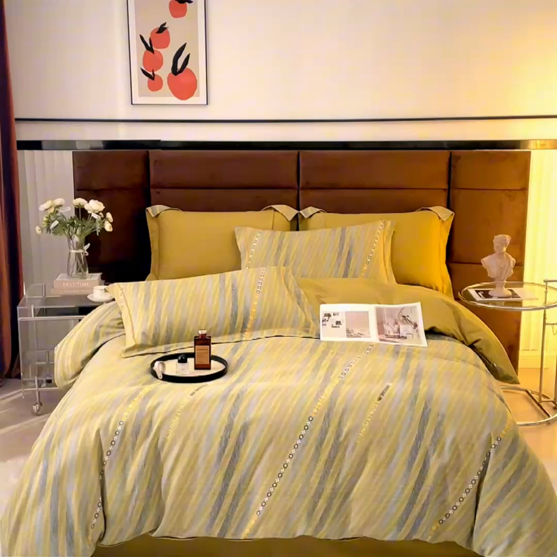 91家纺网 家纺一手货源 找家纺 2025新款全棉精梳磨毛印花四件套 华彩黄