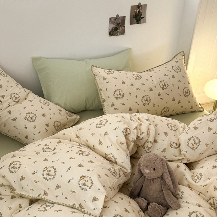 91家纺网 家纺一手货源 找家纺 洋铭区（原狠狠爱） 2024新款全棉双层纱四件套 多多兔