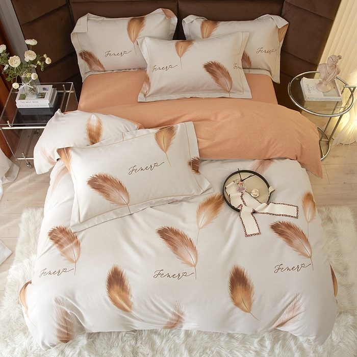 91家纺网 家纺一手货源 找家纺 2025新款全棉精梳磨毛印花四件套 凤羽-灰