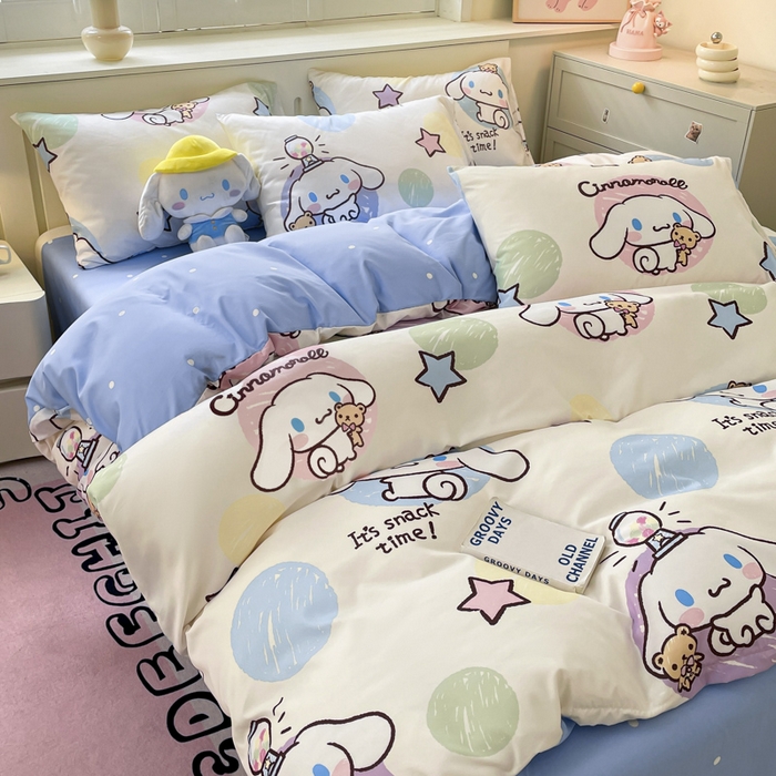 91家纺网 家纺一手货源 找家纺 海岛哥哥 2025新款A类云朵水洗棉三丽鸥正版授权四件套-大床图 三丽鸥-彩色涂鸦玉桂狗