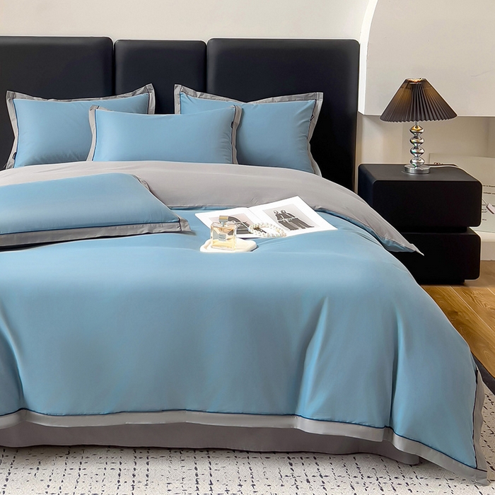 91家纺网 家纺一手货源 找家纺 小懒猪 2024新款全棉斜纹精梳棉双拼色拼角包边款四件套-风格一 拼角-莱茵兰-椰子灰