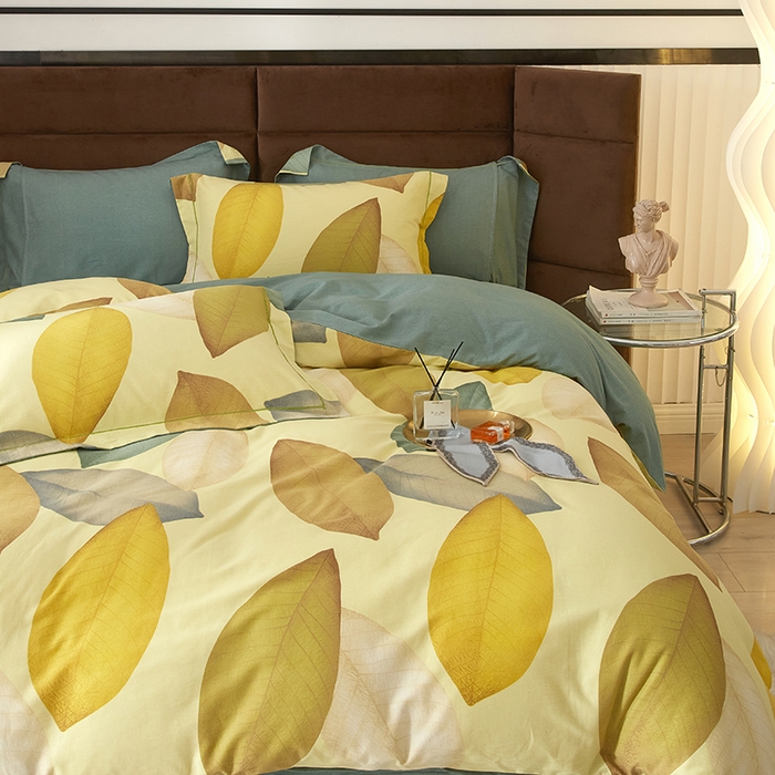 91家纺网 家纺一手货源 找家纺 2025新款全棉精梳磨毛印花四件套 枫叶流丹-黄