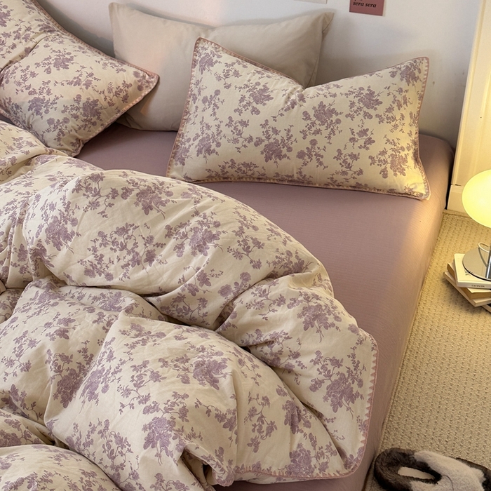 91家纺网 家纺一手货源 找家纺 洋铭区（原狠狠爱） 2024新款全棉双层纱四件套 梦幻紫花