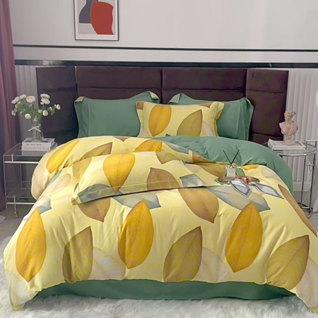 91家纺网 家纺一手货源 找家纺 2025新款全棉精梳磨毛印花四件套 枫叶流丹-黄