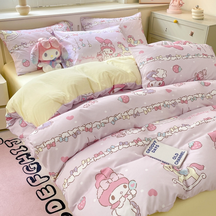 91家纺网 家纺一手货源 找家纺 海岛哥哥 2025新款A类云朵水洗棉三丽鸥正版授权四件套-大床图 三丽鸥-蝴蝶结美乐蒂