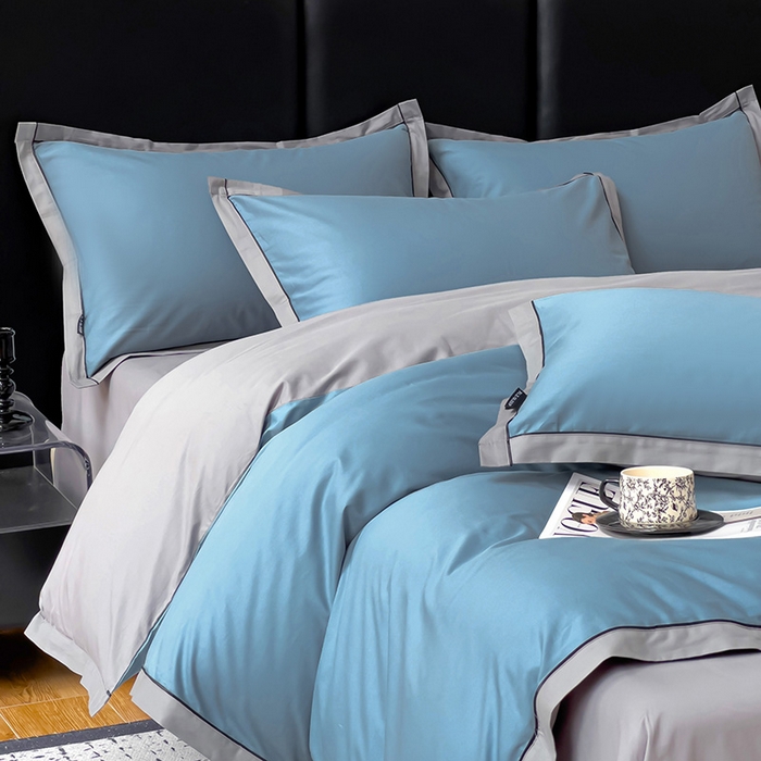 91家纺网 家纺一手货源 找家纺 小懒猪 2024新款全棉斜纹精梳棉双拼色拼角包边款四件套-风格一 拼角-莱茵兰-椰子灰