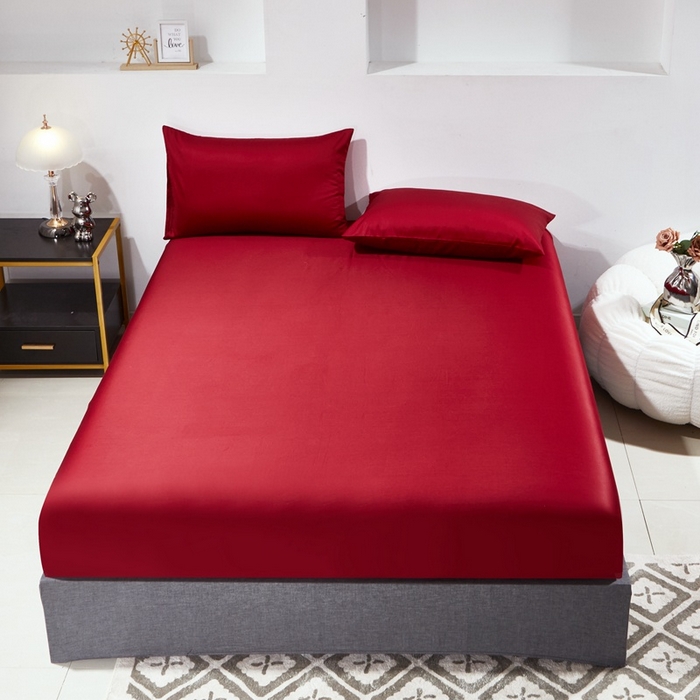 91家纺网 家纺一手货源 找家纺 晶缦家纺 2025新款全棉纯棉60支贡缎长绒棉纯色多规格单品床笠 琳澜-酒红色