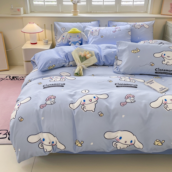 91家纺网 家纺一手货源 找家纺 海岛哥哥 2025新款A类云朵水洗棉三丽鸥正版授权四件套-大床图 三丽鸥-牛奶玉桂狗