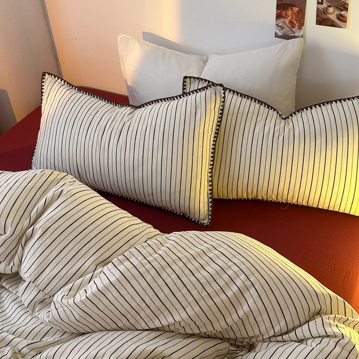 91家纺网 家纺一手货源 找家纺 洋铭区（原狠狠爱） 2024新款全棉双层纱四件套 素雅黑条