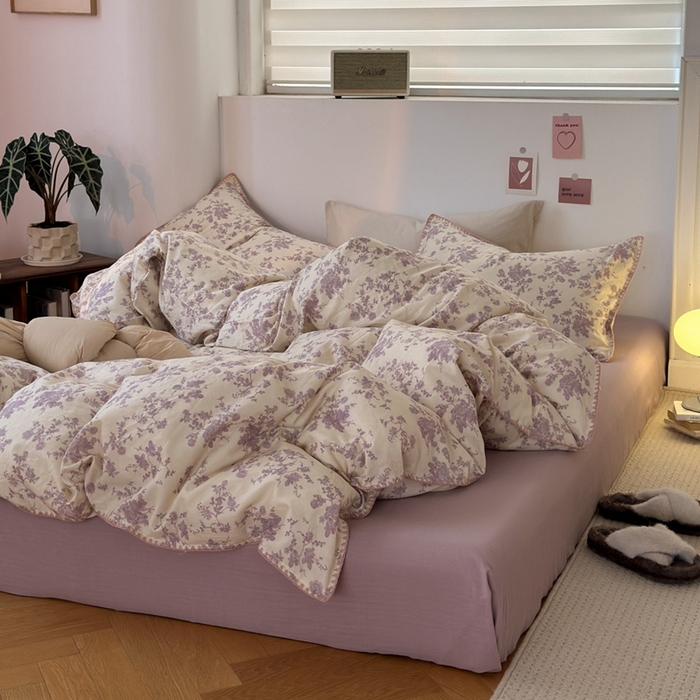 91家纺网 家纺一手货源 找家纺 洋铭区（原狠狠爱） 2024新款全棉双层纱四件套 梦幻紫花