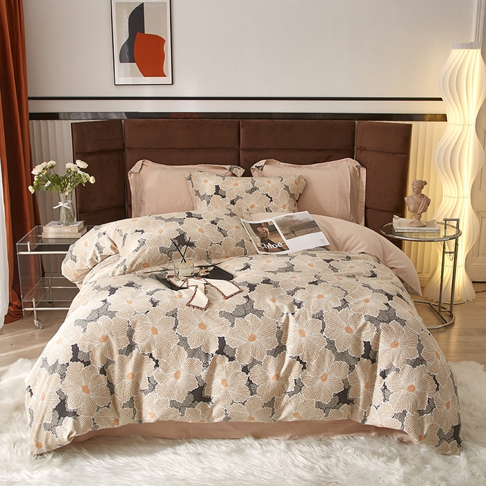 91家纺网 家纺一手货源 找家纺 2025新款全棉精梳磨毛印花四件套 凯文橘