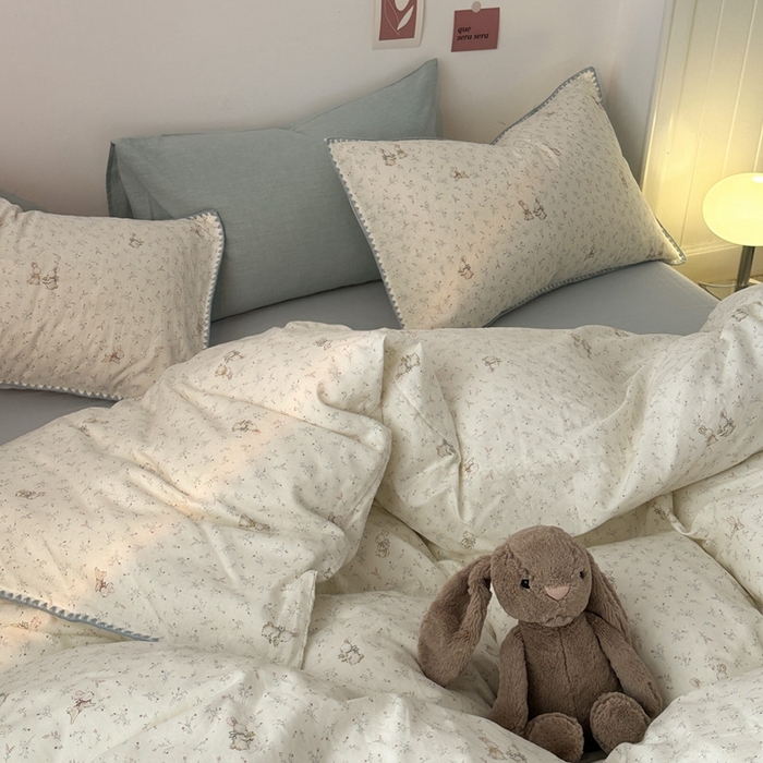 91家纺网 家纺一手货源 找家纺 洋铭区（原狠狠爱） 2024新款全棉双层纱四件套 小花兔